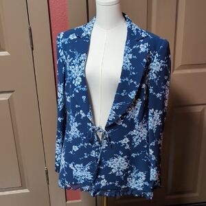 Escada Silk Blazer Blue And White With Ruffle Trim
